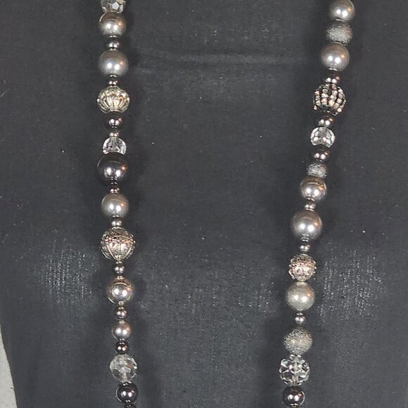 Chico's Gunmetal Filigree Crystal Ball Pewter Silver Faux Pearl 41" Necklace - Picture 2 of 16